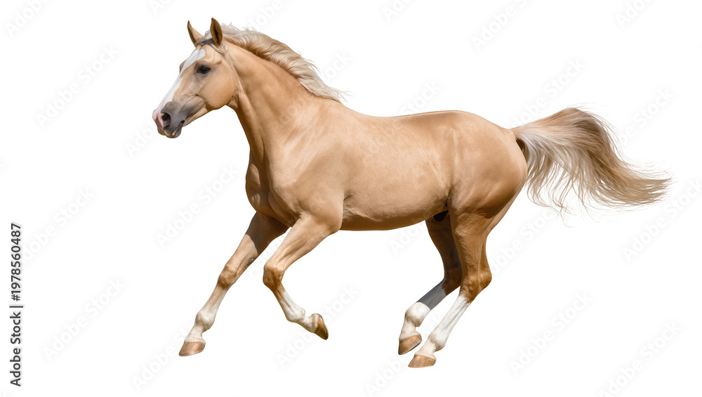Obraz premium Golden palomino horse galloping with flowing mane and tail, isolated on transparent background