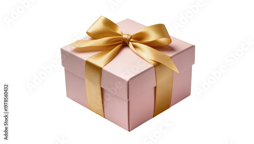 Pink gift box with golden satin ribbon bow, isolated on transparent background