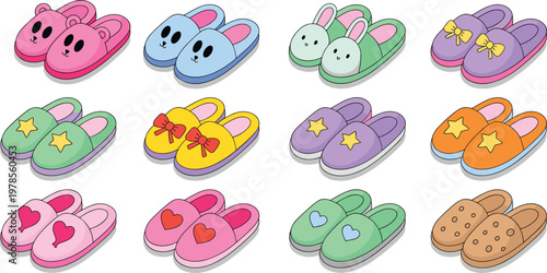 Set of cute colorful house slippers with animal faces stars hearts and bows flat vector illustration for domestic comfort.