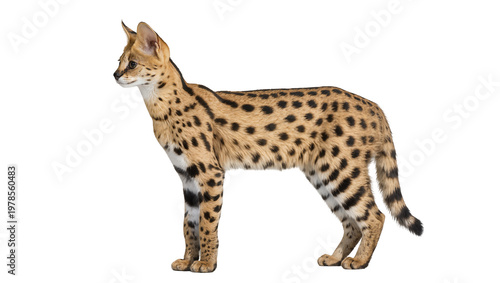 Canvas Print Spotted serval cat standing alert, isolated on transparent background