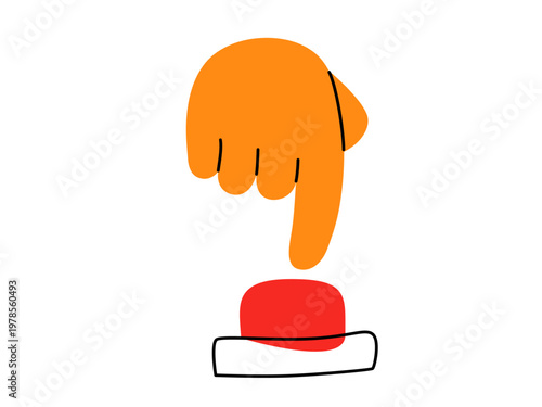 Orange hand pressing red button. Finger pushing control switch or emergency alarm. Vector icon for start, action, or trigger concept. Flat cartoon illustration isolated on white background