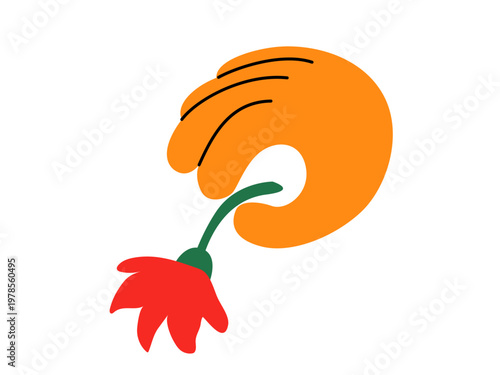 Orange hand holding red flower. Vector gesture of giving blossom for love, romance, or care concept. Minimalist flat cartoon illustration isolated on white background. Spring and holiday gift sign