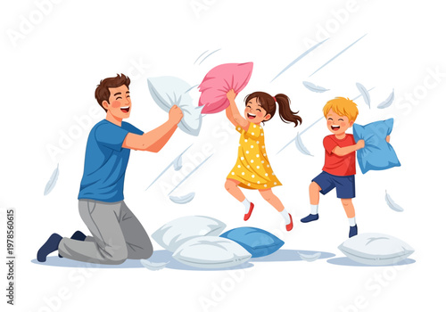 Family having fun with pillows indoors.