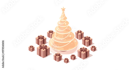 Elegant golden isometric Christmas tree featuring glowing ornaments and surrounded by matching gift boxes on a soft and warm beige studio background.