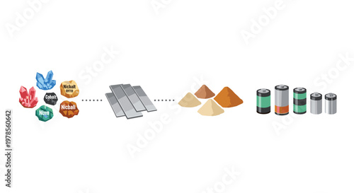 Process flow diagram showing raw minerals, metal strips, refined powders, and finished batteries rendered in a clean and detailed isometric style.