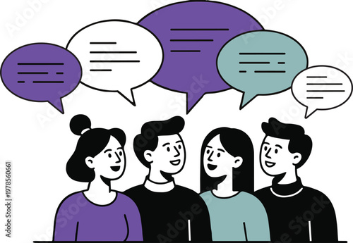 Friends talking together with speech bubbles social communication flat vector illustration.
