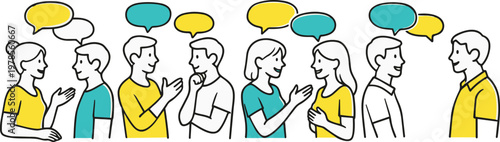Group of people discussing ideas with speech bubbles communication concept flat vector illustration.