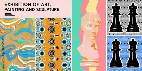 Colorful art exhibition featuring paintings sculptures and abstract designs