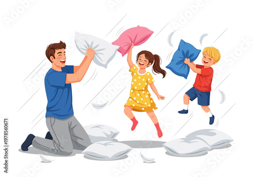 Family having fun with pillows indoors.