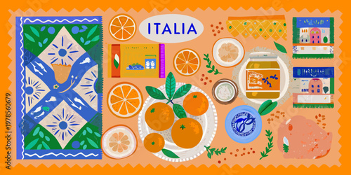 A colorful illustrative composition representing italian culture and citrus fruits
