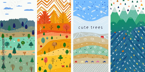 Four colorful vertically oriented panels depicting seasonal landscape scenes