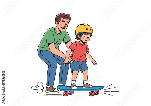 Man helping a young boy skateboard.