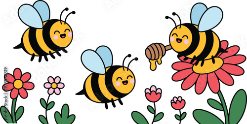 Cute cartoon honey bees flying around colorful spring flowers with honey dipper and sweet nectar in flat vector style.