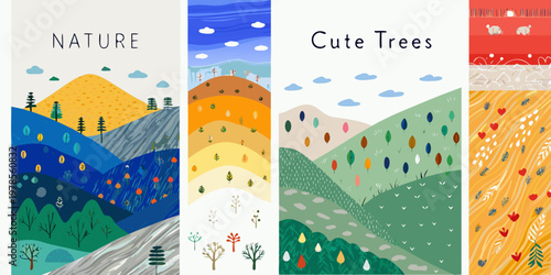 Colorful illustrated nature bookmarks featuring mountains trees and whimsical designs
