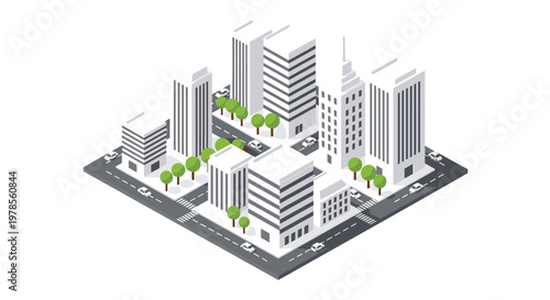 Clean isometric city block featuring white architectural structures and vibrant green trees arranged along grey roads under soft studio lighting effects.