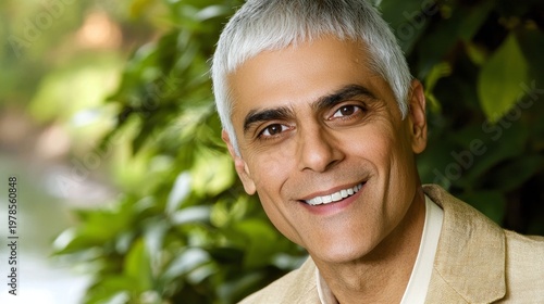 Joyful Middle-Aged Indian Man Smiling Amidst Lush Greenery in a Cultural Setting