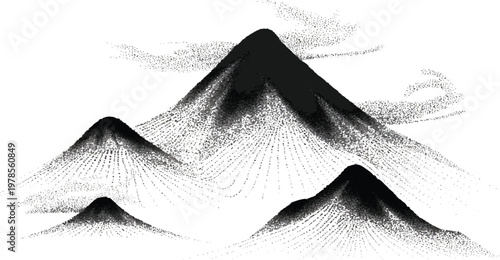 Abstract Stippled Mountain Landscape with Halftone Dots, Black Ink Pointillism Peaks and Gradient Terrain Isolated on Transparent Background, Minimal Japanese Style Nature Illustration