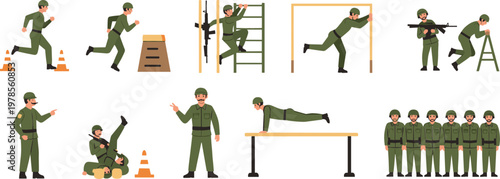 Military Training Illustration Set Featuring Soldiers Performing Physical Exercises, Obstacle Course Drills, Combat Practice, Team Formation, and Boot Camp Activities for Defense Preparation