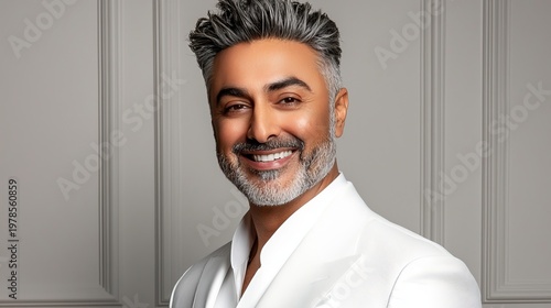 Happy Middle-Aged Indian Man Smiling with Joy in Elegant White Suit Against Neutral Background
