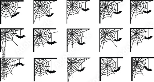 Halloween Spider Web Corner Vector Set with Cobweb Designs and Hanging Bats for Spooky Decoration, Horror Theme Backgrounds and Creepy Graphic Elements