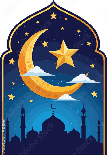 Islamic Night Scene Cartoon Vector Illustration with Crescent Moon, Star, Mosque Silhouette and Clouds in Arch Frame for Ramadan Kareem and Eid Design