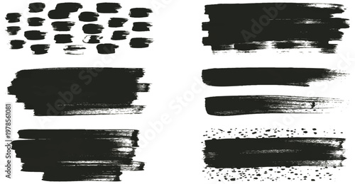 Black Ink Brush Strokes Set, Grunge Paint Textures and Hand Drawn Calligraphy Swashes for Graphic Design, Vector Elements on Transparent BG