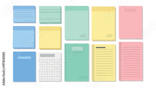 Notebooks Collection: A collection of various notebooks and sticky notes in array of pastel colors, arranged in a visually appealing composition, evoking a sense of organization and creativity.