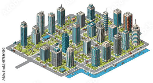 Dense isometric city skyline featuring towering glass skyscrapers and lush green parks arranged along a winding blue river under bright daylight conditions.