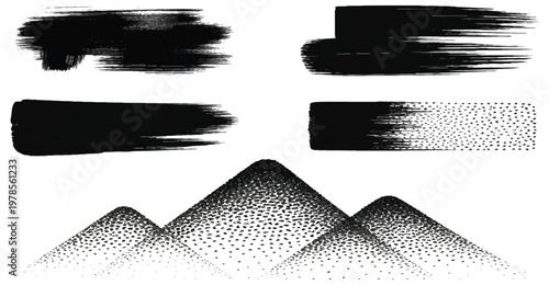 Black Ink Brush Strokes and Halftone Stipple Texture Set, Grunge Paint Brushes, Dry Brush Smears and Dotted Gradient Hills Isolated on Transparent Background