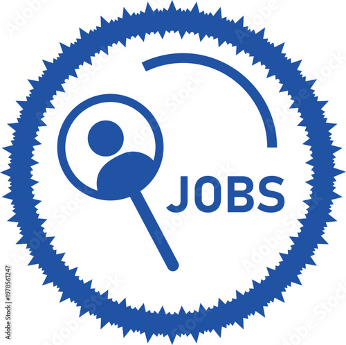 "Blue Circular Gear Badge with Magnifying Glass Person Icon and JOBS Text — Employment Search, Career Recruitment and Human Resource Hiring Concept"