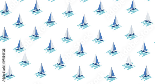 Minimalist repeating pattern featuring stylized blue and white sailboats gliding across abstract light blue water ripples on a crisp clean white backdrop.