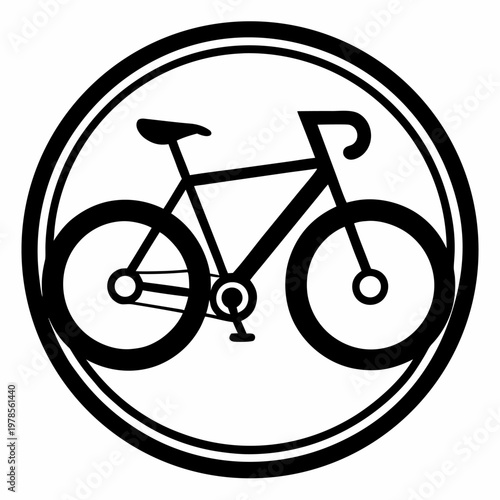 Bicycle icon in a circle with minimalist style in black and white for cycling club logo.