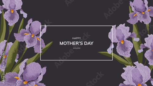 Happy Mother's Day Banner With Purple Spring Irises. Abstract Flowers hand-painted in detail on a dark background. Vector Design for greeting cards, flyers, covers, web pages