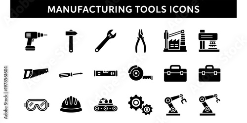 Professional and informative graphic icon set for manufacturing industry tools and industrial processes isolated on white background