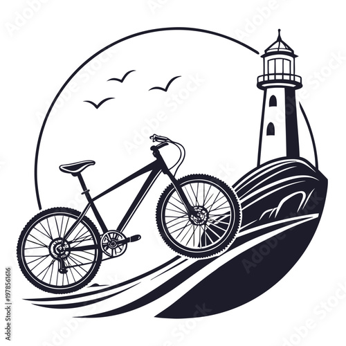 Mountain bike with lighthouse and seagulls in graphic illustration style with dark blue and white colors for travel and adventure themes.