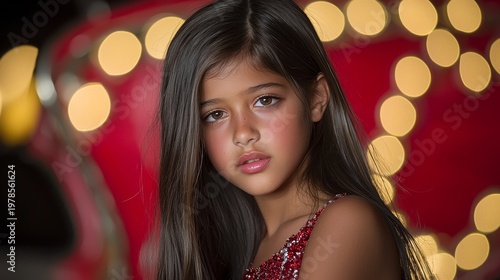 Mixed Race Teen Girl with Sparkling Eyes Posed Against a Neon City Backdrop
