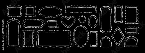 Set of hand drawn funky chalk frames, labels, text box, badges on the blackboard. Sketch kid photo, picture painting quirky border. Zigzag, scallop, wavy, curvy, squiggly, wiggly grunge frames boarder