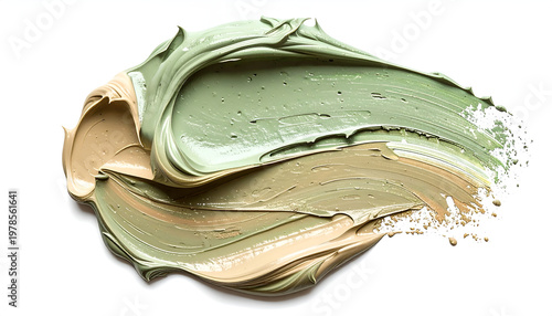 Swirl of green and beige facial mask smear for skincare treatment showing creamy texture and natural clay for beauty concepts