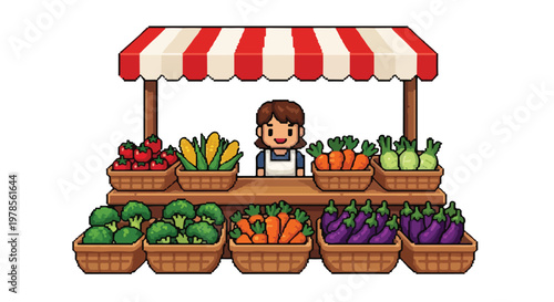 This pixel-art illustration depicts a friendly vendor standing behind a market stall filled with various fresh vegetables in wicker baskets.