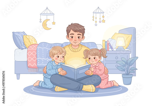 Father reading book to children.