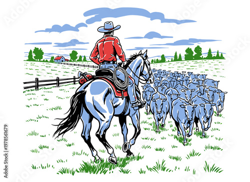 Western Cowboy Herding Cattle Design. Vintage farm life illustration for t-shirt print, poster, sticker, background and rural lifestyle projects.