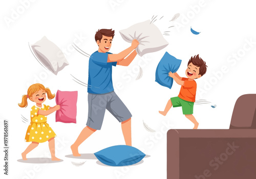 Family having fun with pillows indoors.