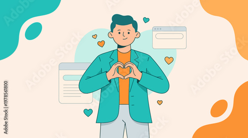 Smiling man forms heart shape with hands cheerfully. Suitable for love, romance, happiness, valentines day, relationships, positivity concepts.