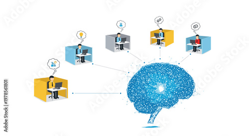 Stylized glowing blue brain connected to five individual office cubicles where each worker has a unique thought bubble icon in an isometric workspace.
