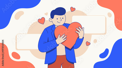 Man holding large heart illustration symbolizes love, passion and positive emotions. Suitable for valentines day, relationship and emotionthemed designs.
