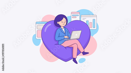 Young woman using laptop on heartshaped chair. Ideal for valentines day, love, technology, remote work, freelance, lifestyle, and modern concept designs.