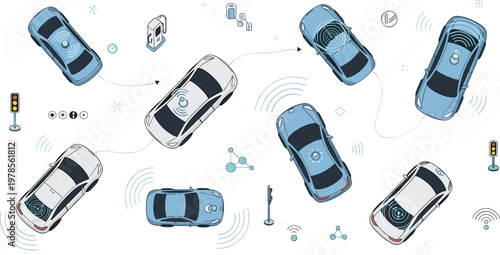 Autonomous Self Driving Car System Illustration with Sensor Signals Navigation Paths and Smart Vehicle Technology for Future Mobility and Automotive Innovation Design