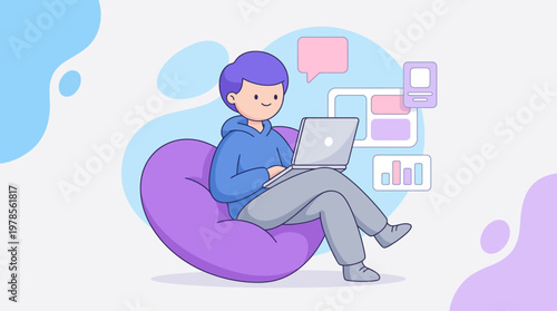 Man on beanbag chair with laptop. Suitable for technology, workfromhome, and relaxationthemed projects in various media.