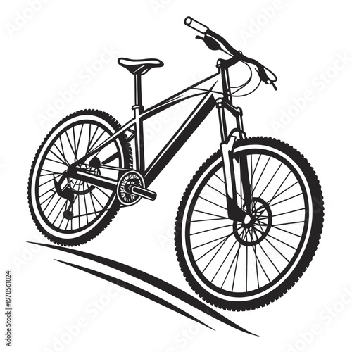 Mountain bike dynamic action illustration in black and white graphic style for sports advertising.