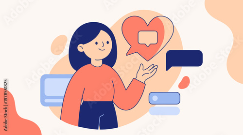 Woman presenting heartshaped speech bubble with text message suitable for social media, advertising, valentines day promotions, love communication concepts.